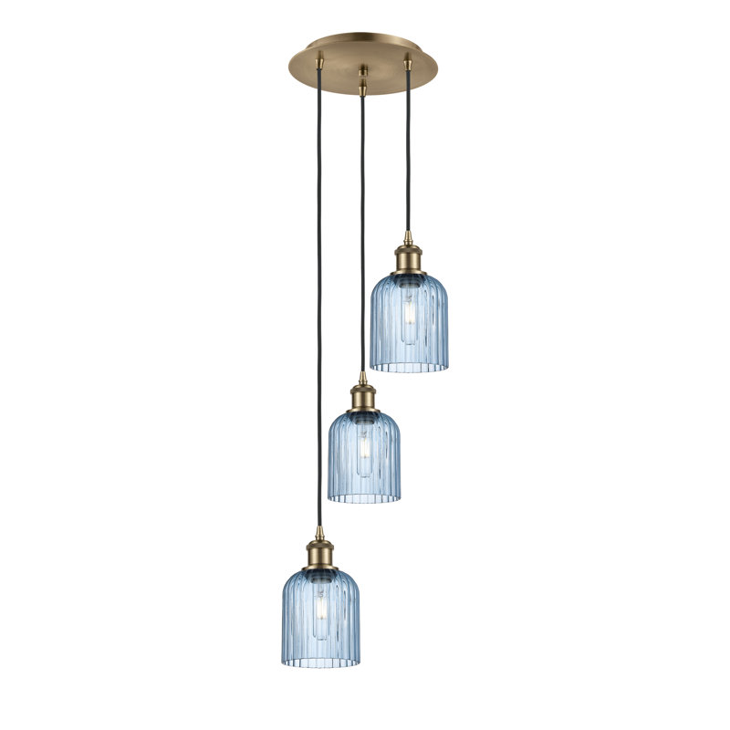 Luminaire suspendu en grappe à 3 lumières Fiennes, Laiton antique, Bleu princesse