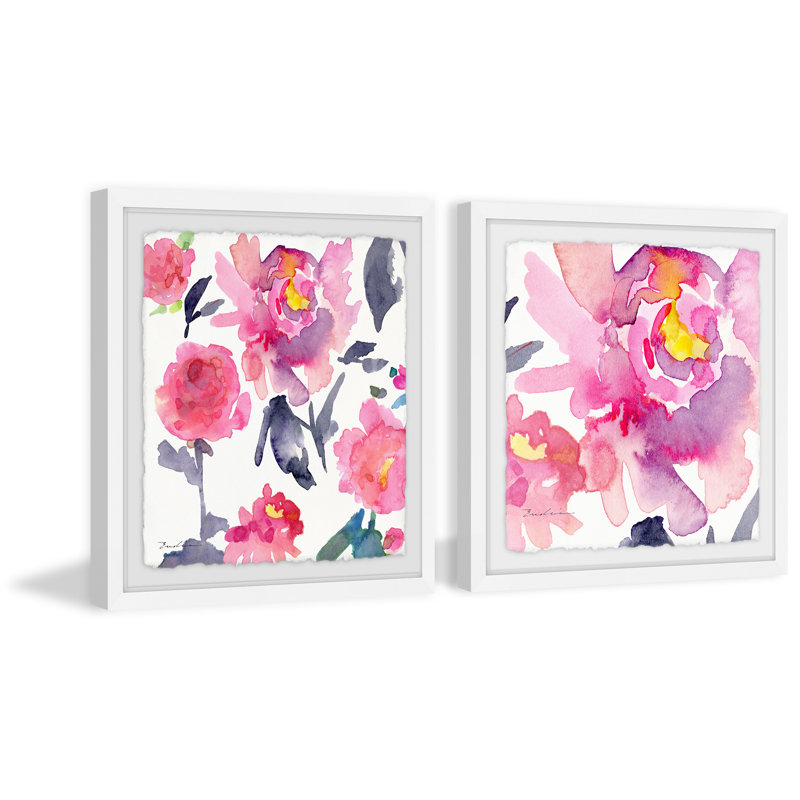 «Pink a Flutter Diptych», ensemble de 2 reproductions de peintures à l'aquarelle encadrées, H 12 po x l 12 po x P 1,5 po