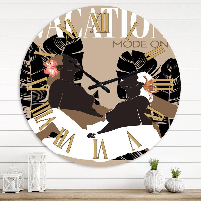 Mode vacatiOn sur Illustration de jeunes filles avec des fleurs - Horloge murale moderne, Grand