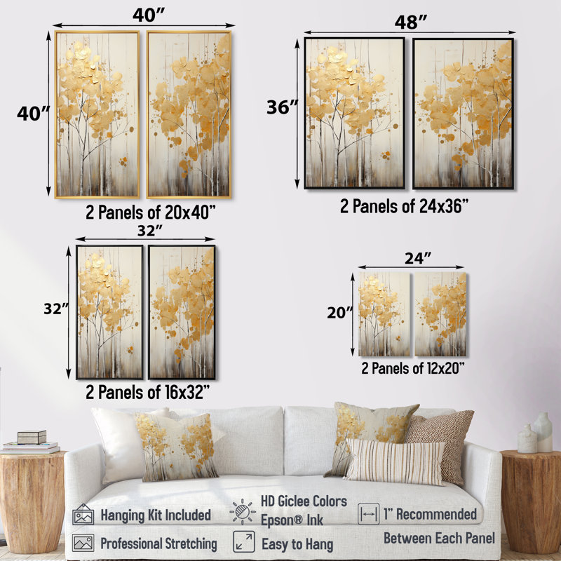 Minimalisme, forêt blanche et dorée I - Art mural traditionnel, H 36 po x l 48 po, Reproduction encadrée sans passe-partout