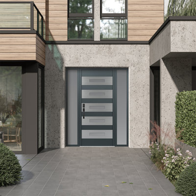 D9 Right-Hand 68 In. X 80 In. Panel Silver Steel Anthracite And Anthracite Frosted Glass With 2 Sidelites Frosted Glass Prehung Front Entry Door