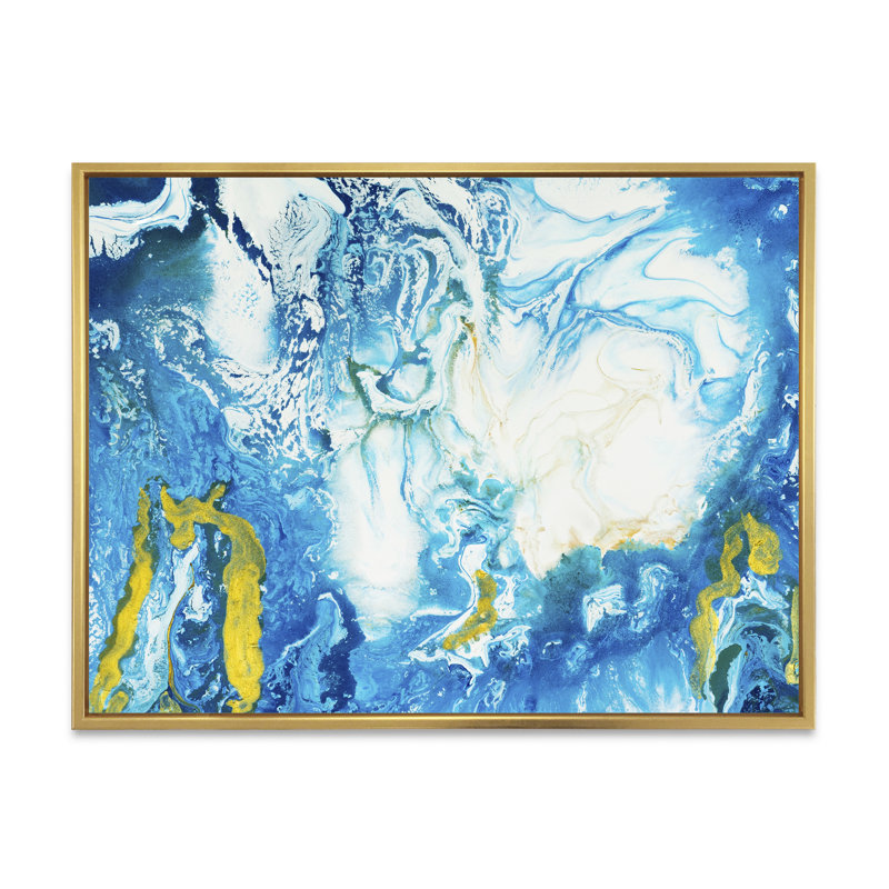 Bleu classique avec art liquide doré - reproduction sur toile, H 34 po x l 44 po, Toile à cadre flottant doré