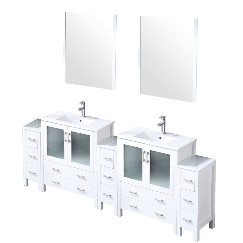Meuble-lavabo double 96 po Blanc, comptoir en céramique, armoires latérales, 28 miroirs, robinet - dessus durable et résistant aux chocs