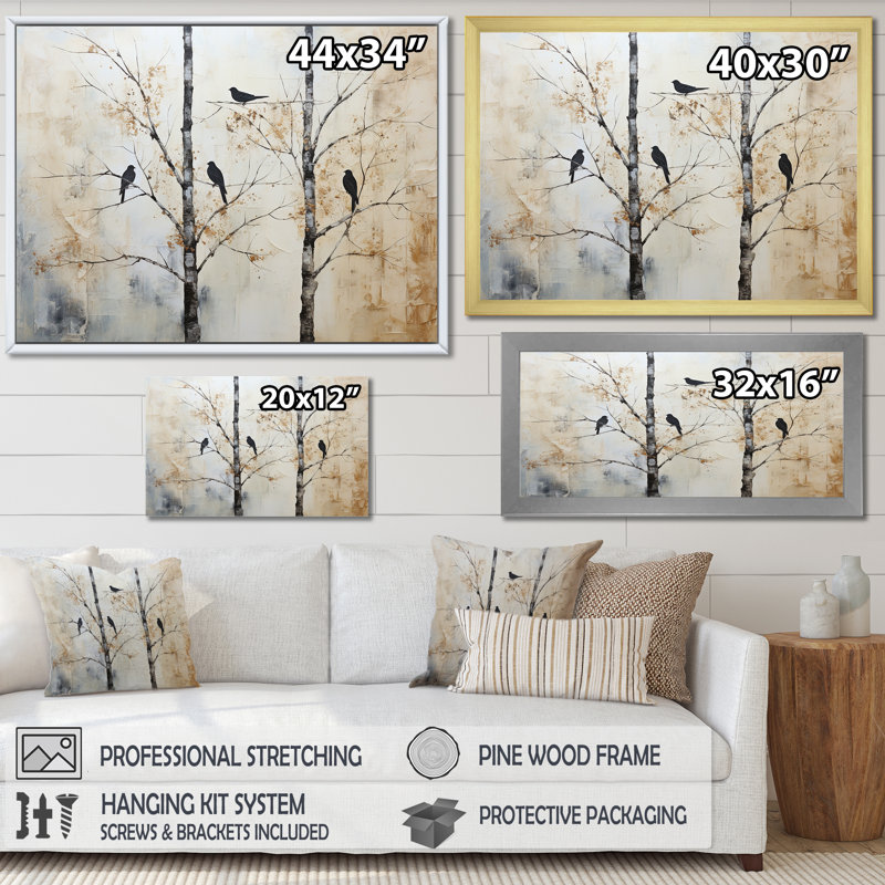 Minimalisme, oiseaux monochromes sur branche III sur toile, H 34 po x l 44 po x P 1,5 po, Cadre flottant blanc