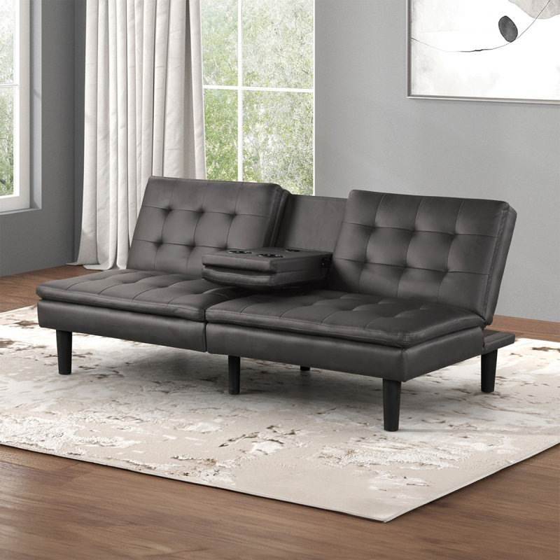 Futon Sofa Bed Contemporary Style Gray Finish Convert Into Bed Biscuit Tufting Seat And Back Seat Drop Down Table With Cup Holder USB Chargers