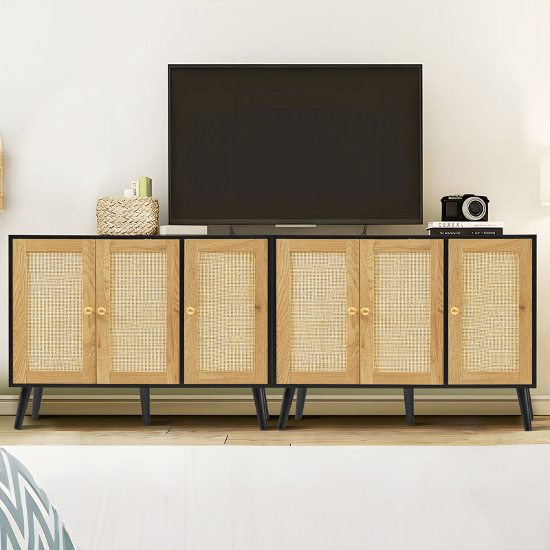Armoire de rangement Sherick Boho avec 3 portes en rotin et 3 tablettes réglables, Noir