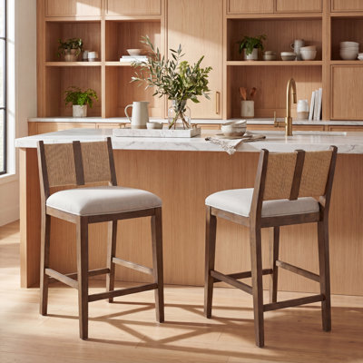 Tabouret de comptoir rembourré avec assise en bois d'hévéa et dossier en corde tissée de 26,57 po Ava