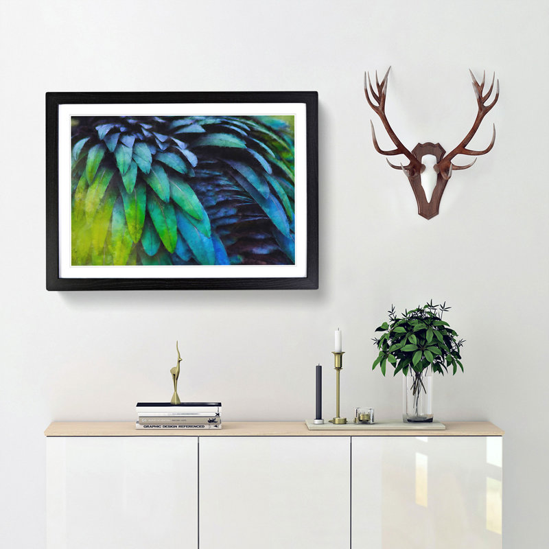 Parrot Feathers - Single Picture Frame Print on MDF, 24cm H x 33cm W x 2cm D, Black