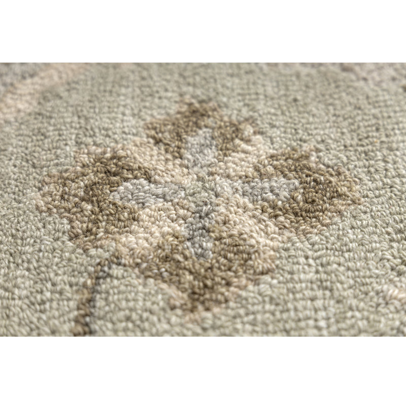 Tapis traditionnel en laine fait main, bordé vert vinyle/beige, 5 pi 9 po x 8 pi 9 po