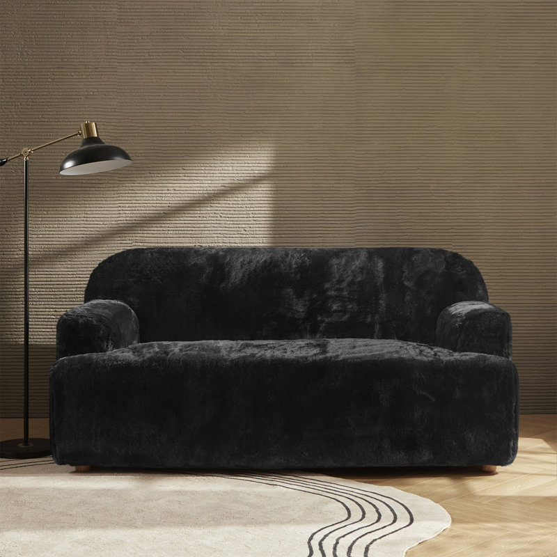 Heurich 71" Modern Curved Faux Fur Loveseat with Solid Wood Legs, Black