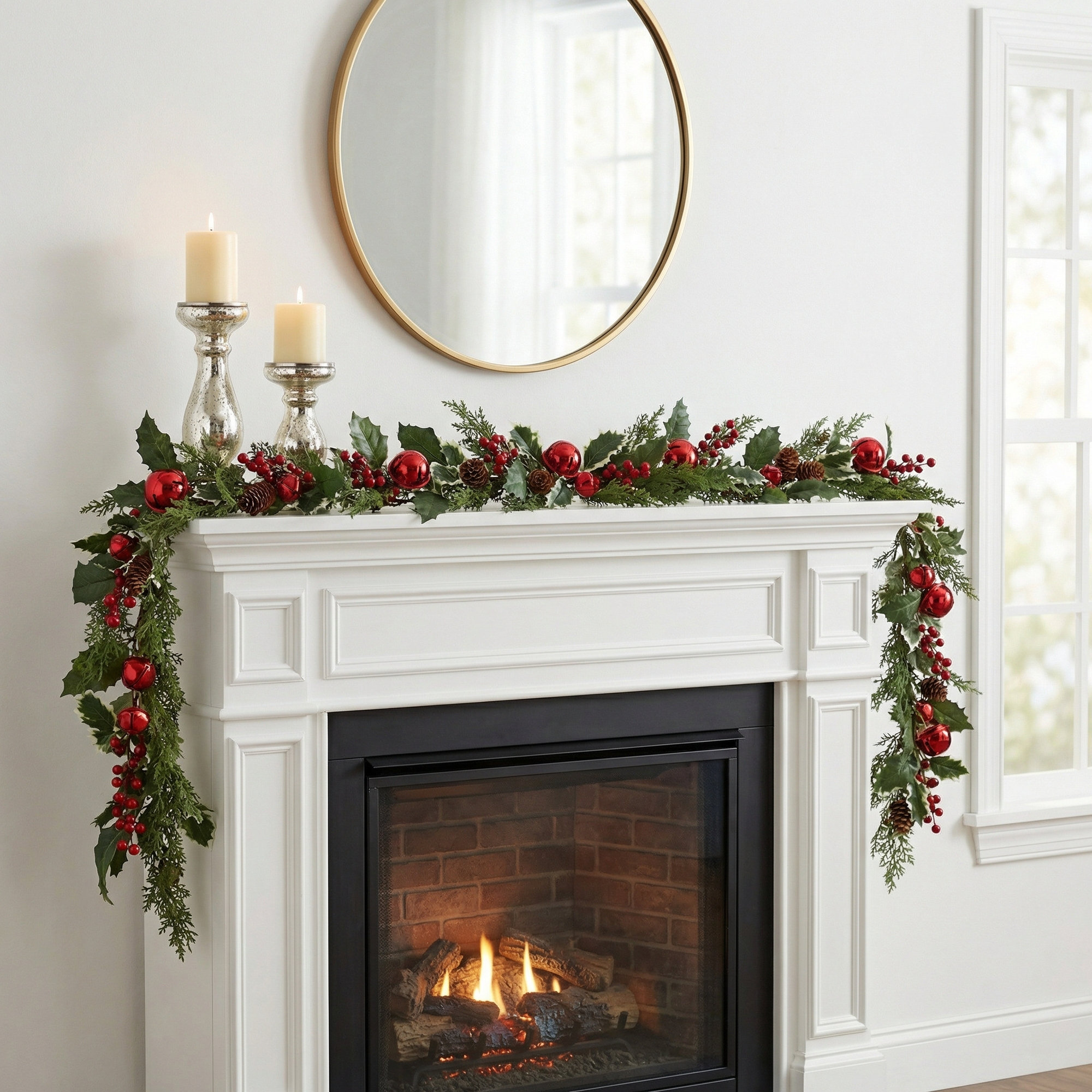 72" Artificial Jingle Bell Holly Pine Christmas Garland, Green-Red