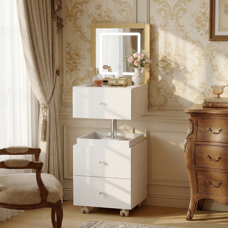 360° Rotating Makeup Vanity Desk with Adjustable Height, Flip-Top Mirror & LED Lighting