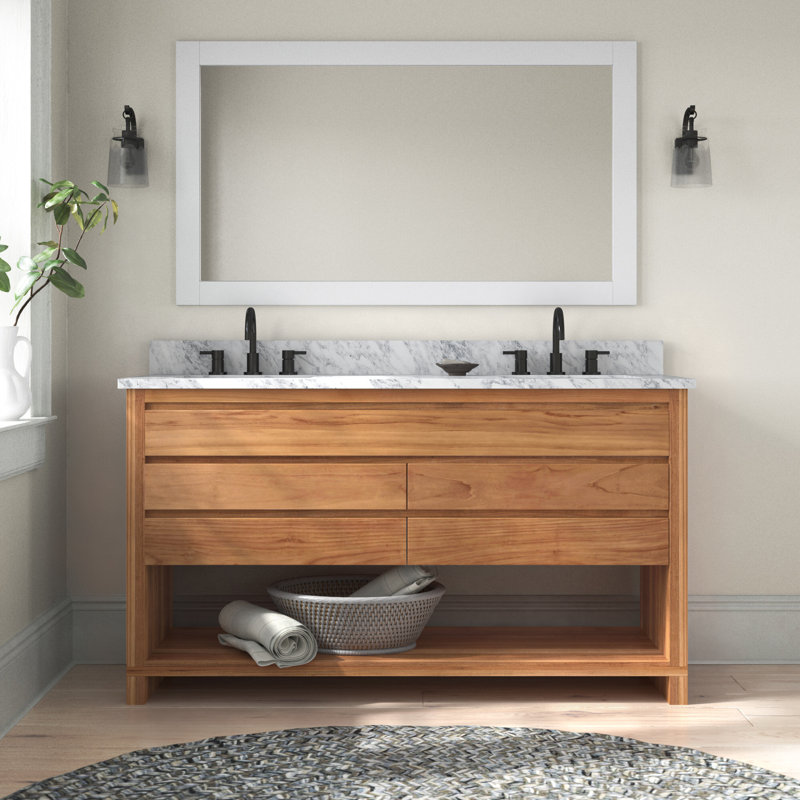 Keaton 61'' Double Bathroom Vanity with Marble Top, Natural Teak
