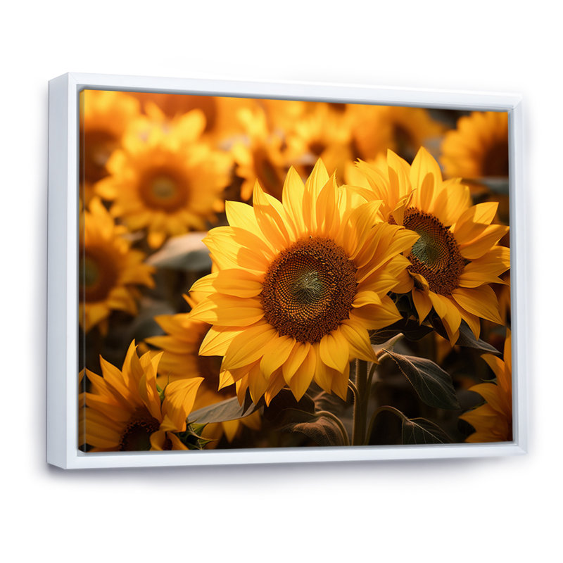 Yellow Sunflowers Field - Floral Wall Decor, H 16 po x l 32 po x P 1 po, Cadre flottant blanc