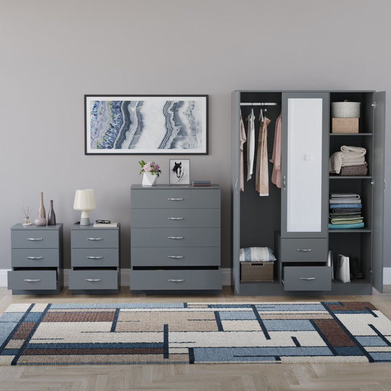 Tayce 4 Piece Bedroom Set (3 Drawer Bedside Chest X2, 5 Drawer Chest, 3 Door 2 Drawer Mirrored Wardrobe), Grey