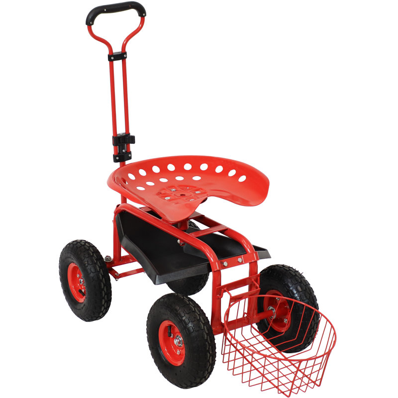 Chariot de jardin pivotant en acier avec siège et panier à poignée en acier - Rouge, Rouge