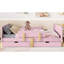 Lit plateforme double rose avec tiroirs de rangement, structure en bois massif, rail et tablette pour garde-corps en pin