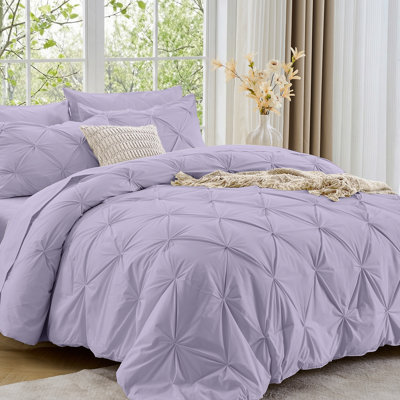 Sasttie King Size Comforter Set, 7-Piece Bed in a Bag, Pintuck Bedding Set for All Season, Includes Comforter, Flat Sheet, Fitted Sheet, Pillowcases and Pillowshams, Lavender