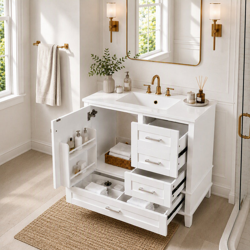 Meuble-lavabo de salle de bain de 36 pouces (91 cm) avec tiroirs et porte à fermeture amortie, Blanc