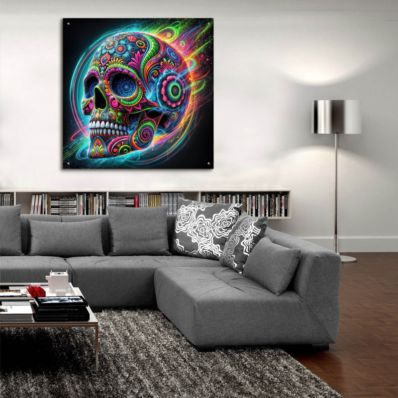 «Skull Graffiti» par Rey Klimt, art mural en verre acrylique, H 36 po x l 36 po x P 0,2 po