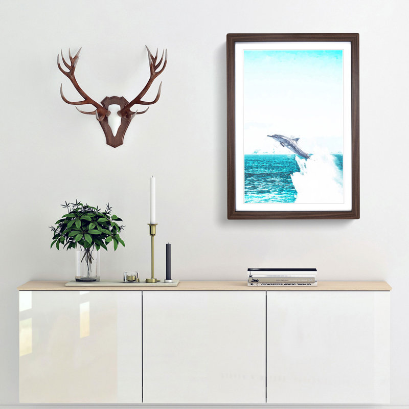 Jumping Dolphin Abstract Art - Framed Print, 76cm H x 50cm W x 2cm D, Walnut