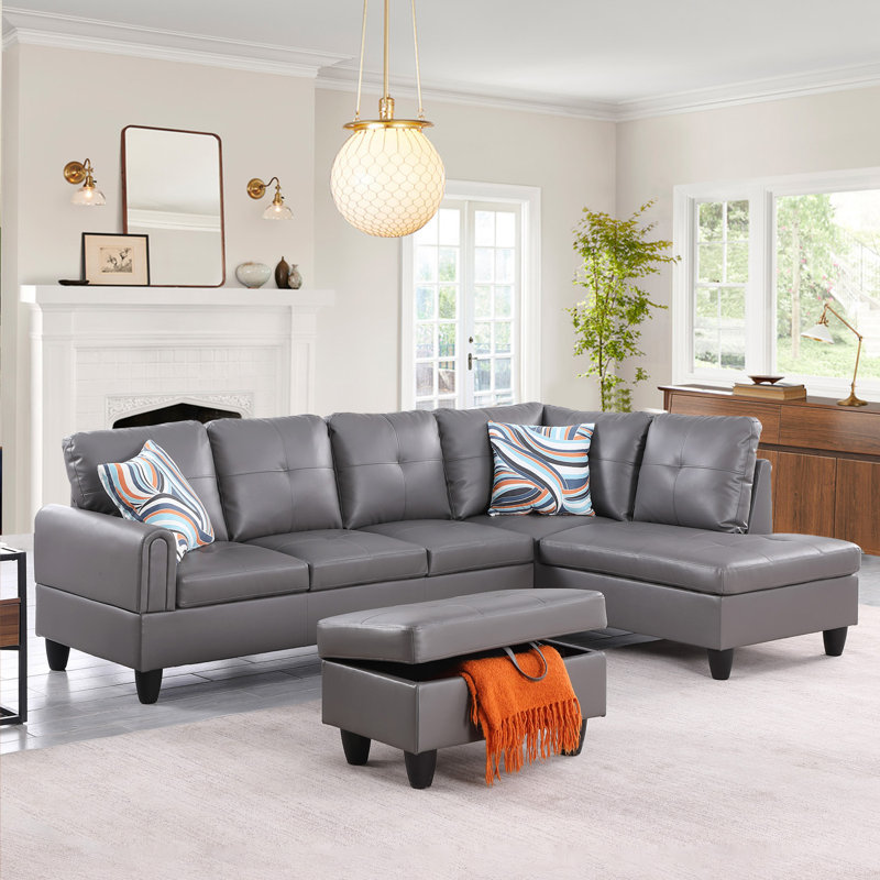 Jayzen 3 - Piece Vegan Sectional, Right Hand Facing, Black, Dark Gray Faux Leather