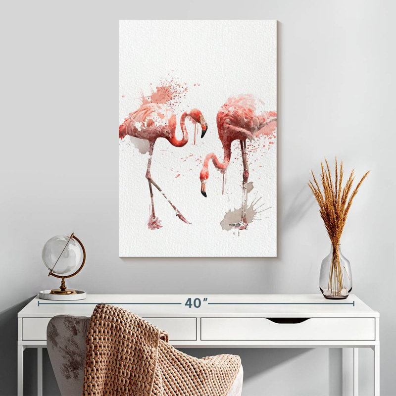 Paire de flamants roses à l'aquarelle, H 30 po x l 20 po