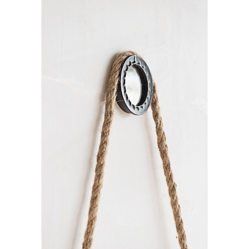Miroir rond suspendu avec sangle de corde, décor industriel contemporain, 19.53" x 19.53"