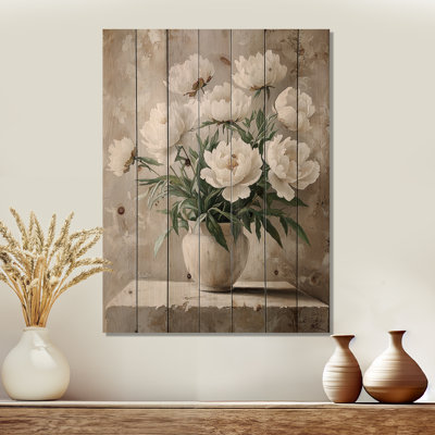 Simplicity Peonies Vase And Concrete Bloom II - Peonies Wood Wall Decor - On Natural Pine Wood