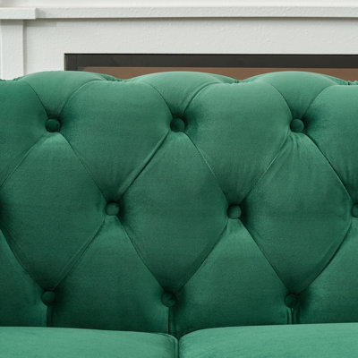 Canapé de 85 po Chesterfield en tissu d'ameublement en tissu d'ameublement avec accoudoirs roulés et têtes de clou, canapé rembourré de style Mid-Century, canapé 3 places pour salon, bureau, appartement, vert
