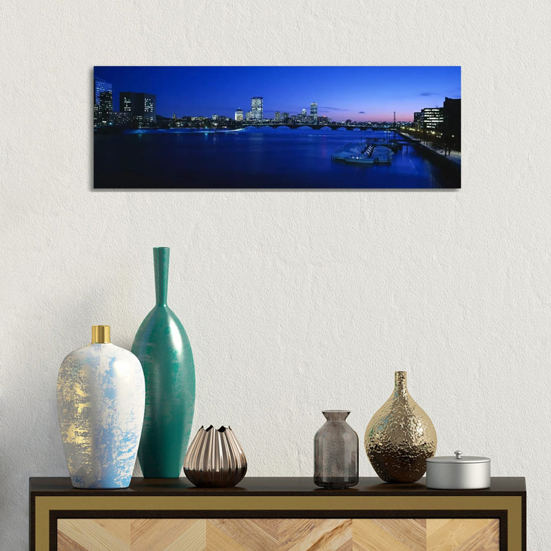 Buildings Lit Up At Dusk, Charles River, Boston, Massachusetts, USA - Wrapped Canvas Panoramic Print