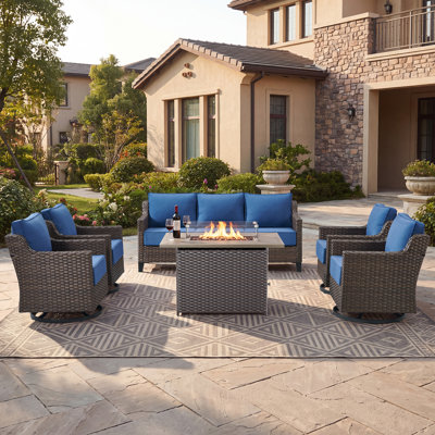 Premium 6-Piece Rattan Patio Conversation Set with 6" Thick Cushioned 360° Swivel Glider Deep Seating Lounge Chairs & Propane Fire Pit Table, All-Weather Furniture Set