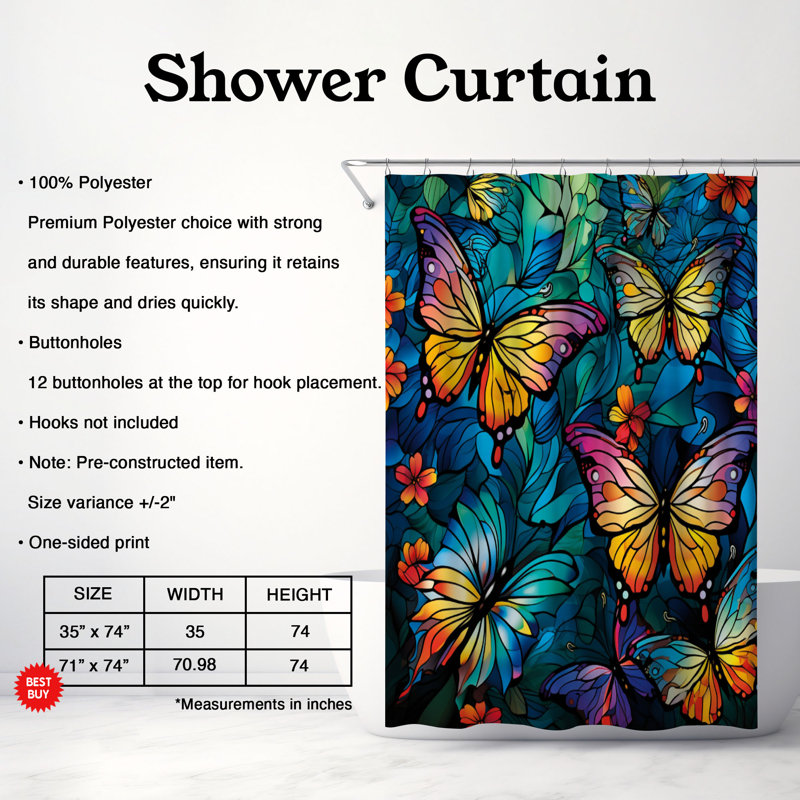 Rideau de douche 1 pièce Butterfly Glass Art, H 74 po x l 71 po