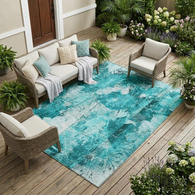 9' X 12' Teal Floral Washable Non Skid Indoor Outdoor Area Rug