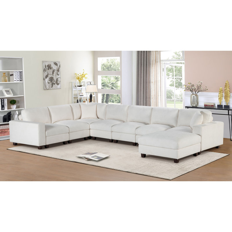 Canapé modulaire en chenille avec repose-pieds Elara, Chenille blanche