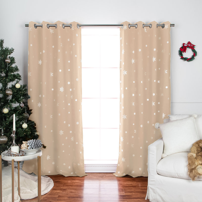 Corderius Polyester Snowflake Silver Foil Print Blackout/Room Darkening Thermal Grommet Curtains, Beige, 52" W x 96" L