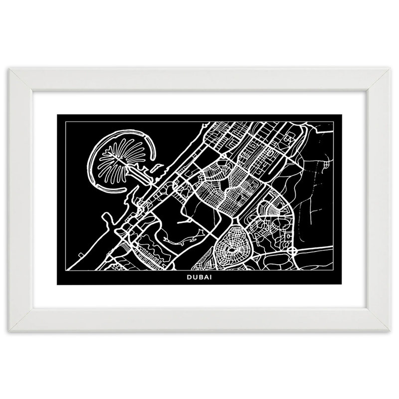 Dubai City Map - Single Picture Frame Print, 60cm H x 90cm W, White