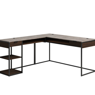 Bureau brun en forme de L avec gestion des câbles, 5 tablettes réglables, style contemporain, bureau léger et idéal pour le bureau, finition, rangement ouvert, présentation en bois d'ingénierie