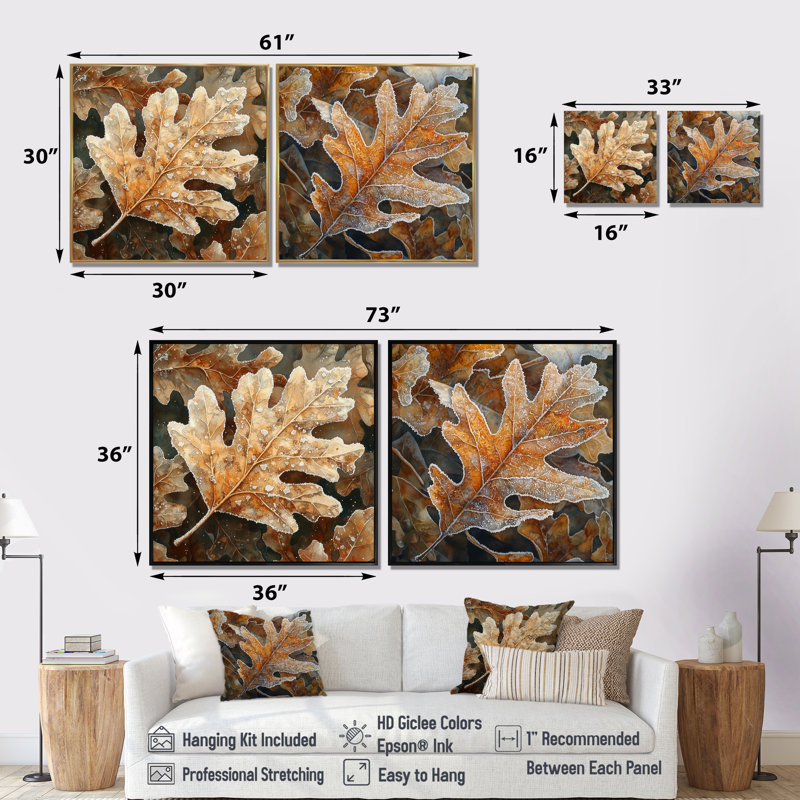 Frosty Oak Leaf I - feuilles, art mural - art mural traditionnel pour le salon, 2 pièces, 36" H x 73" W, Floater Framed, Gold