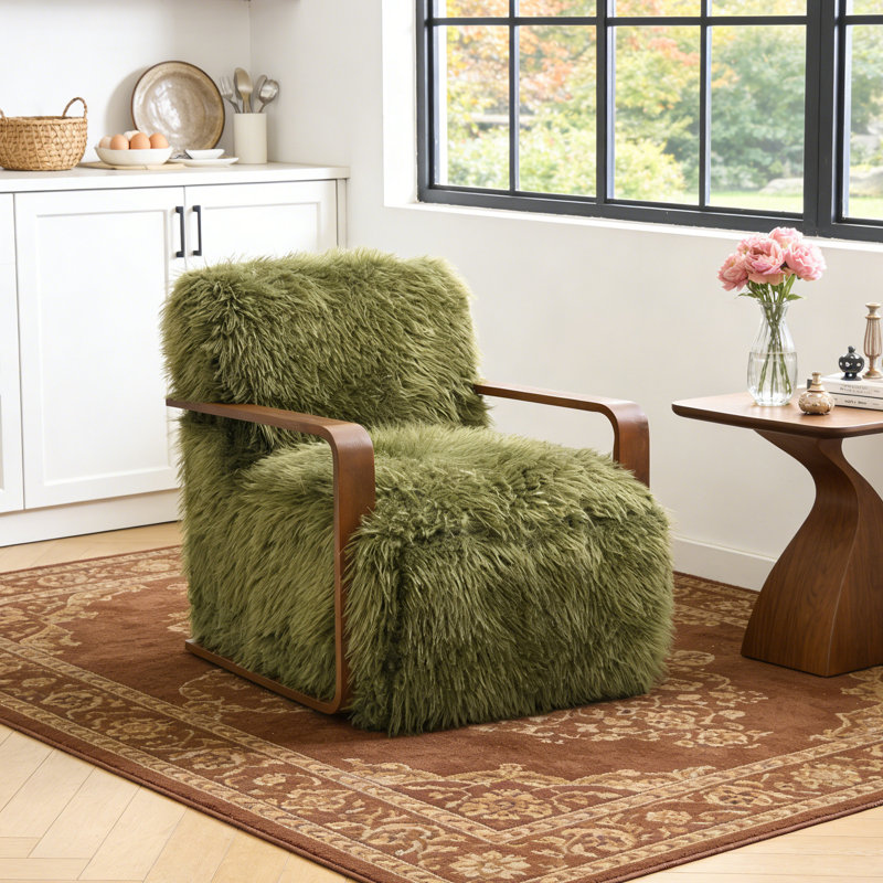 28.3" Wide Faux Fur Accent Chair,Upholstered Lounge Chair With Curved Wooden Arms,Tight Back & Seat,Armchair For Living Room,Bedroom