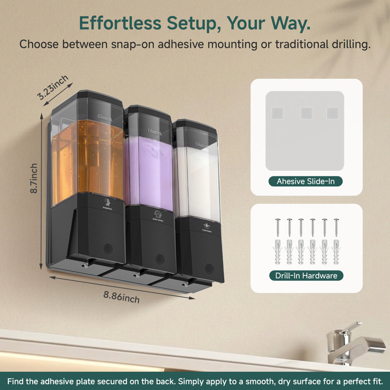 Shower Shampoo Conditioner Body Wash Dispenser Refillable, Adhesive Bathroom Lockable Wall Mounted Plastic Shower Soap Dispensers For Hotel Home, 500ML/16.9OZ Each Clear Bottle 3 Chamber, Black Pump