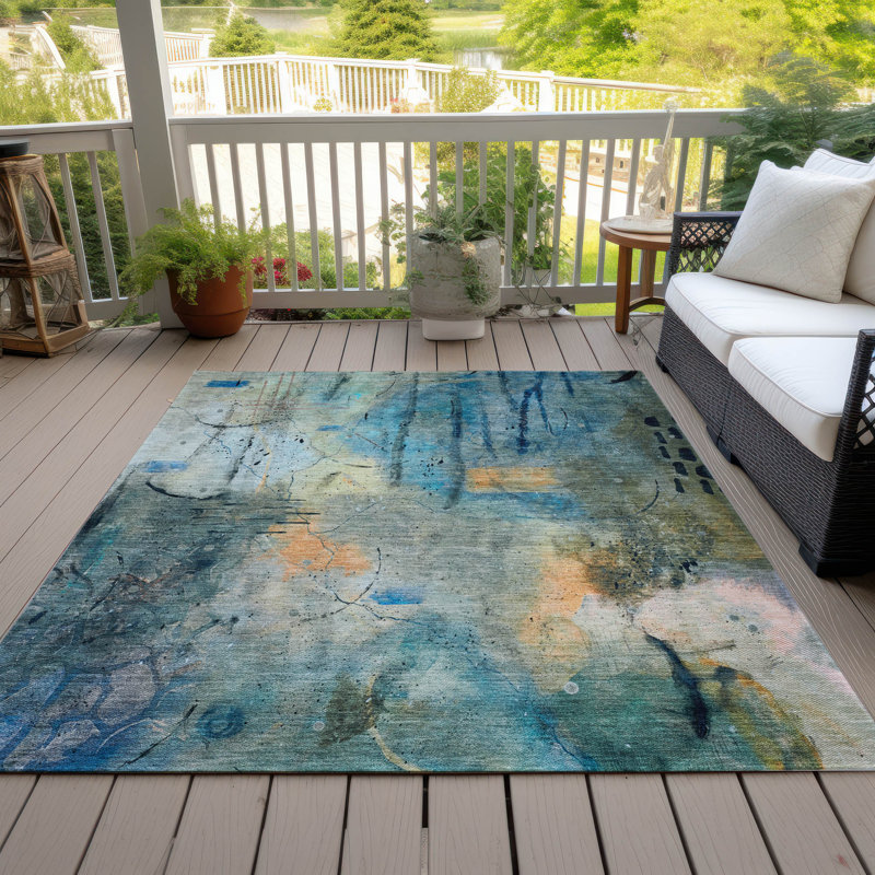 Tapis bleu sarcelle lavable à la machine intérieur / extérieur Xhevrie, Rectangle 10 pi x 14 pi