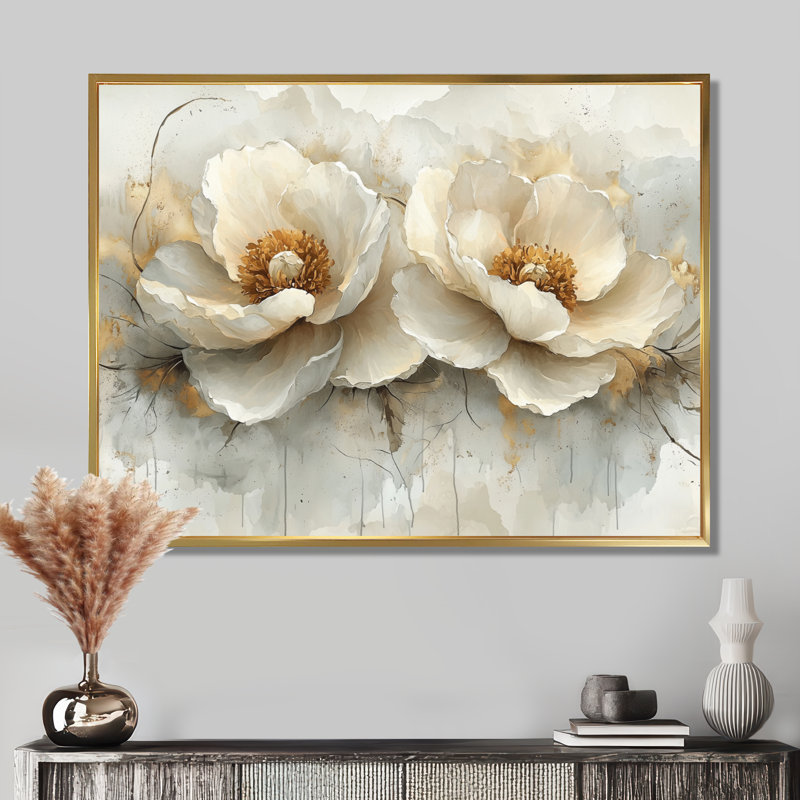 Rallection parallèle de pivoines abstraites - art mural abstrait moderne pivoines, H 16 po x l 32 po, Cadre flottant, Doré