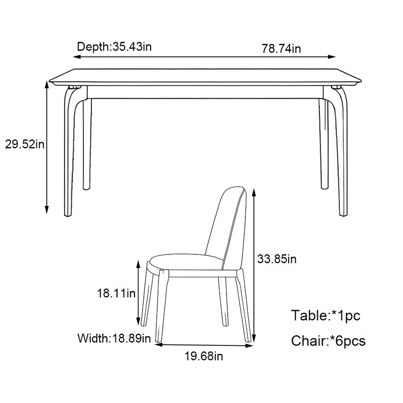Small household rectangular solid wood table set, 29.52"H x 78.74"L x 35.43"W