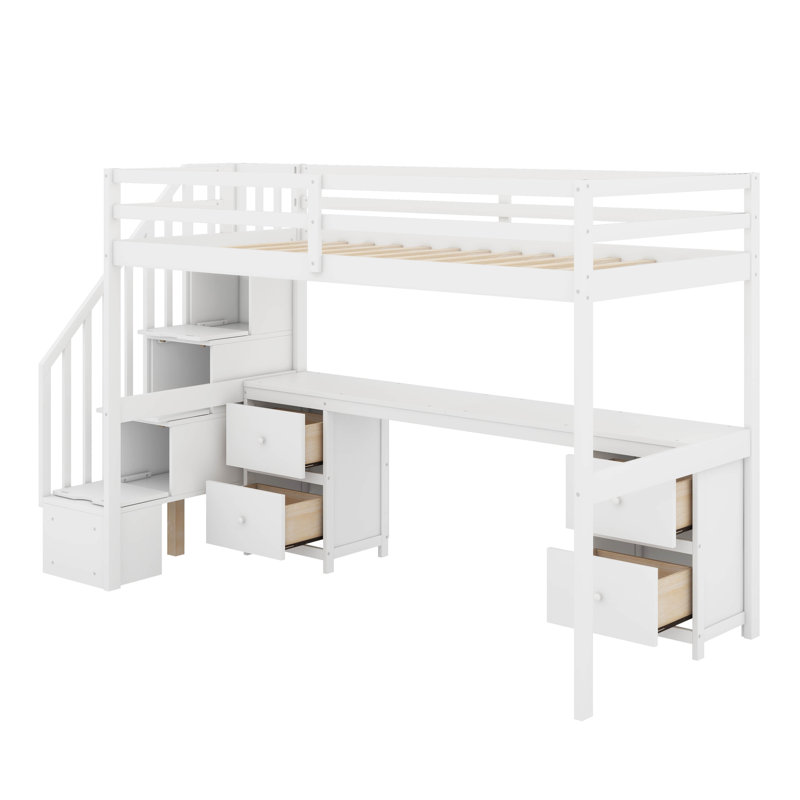 Structure de lit simple de taille mezzanine avec bureau intégré et tiroirs, Blanc
