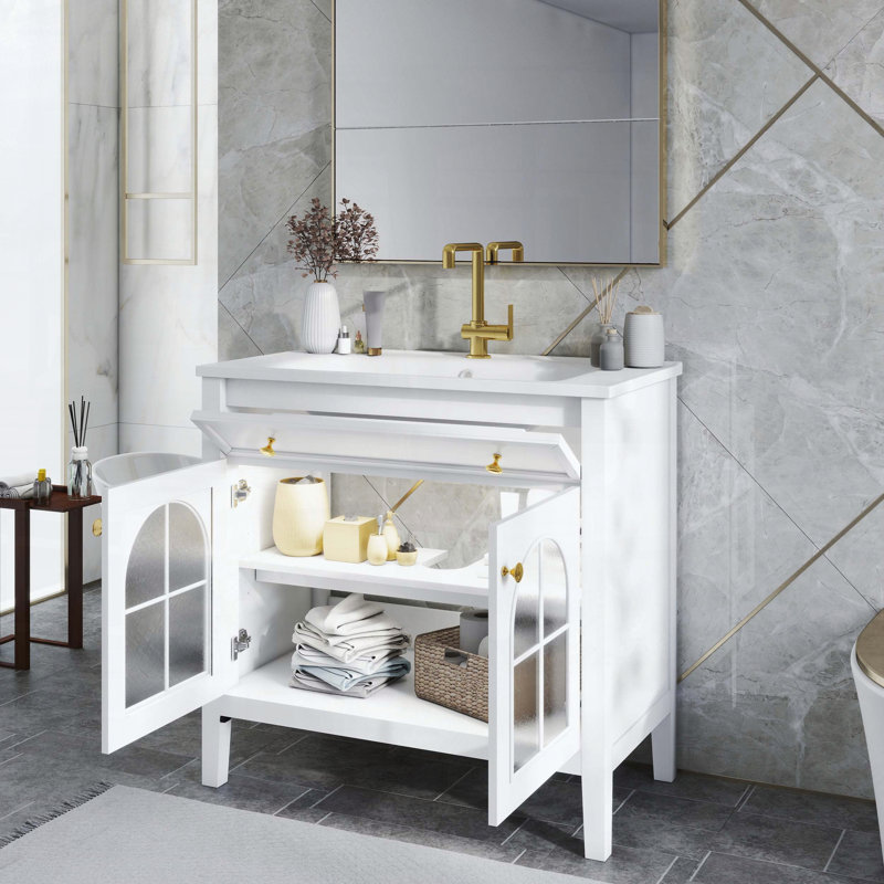 Mid-Century Bathroom Vanity with Motion-Sensor Light & Patterned Glass