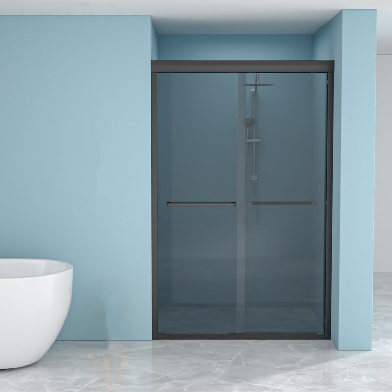 Bathroom Stainless Steel Framed Double Sliding Glass Shower Door - 8Mm Tempered Glass, Matte Black