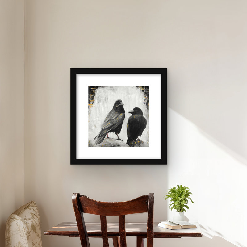 Deux oiseaux avec corbeaux, reproduction mate encadrée | Décoration faunique pour la maison