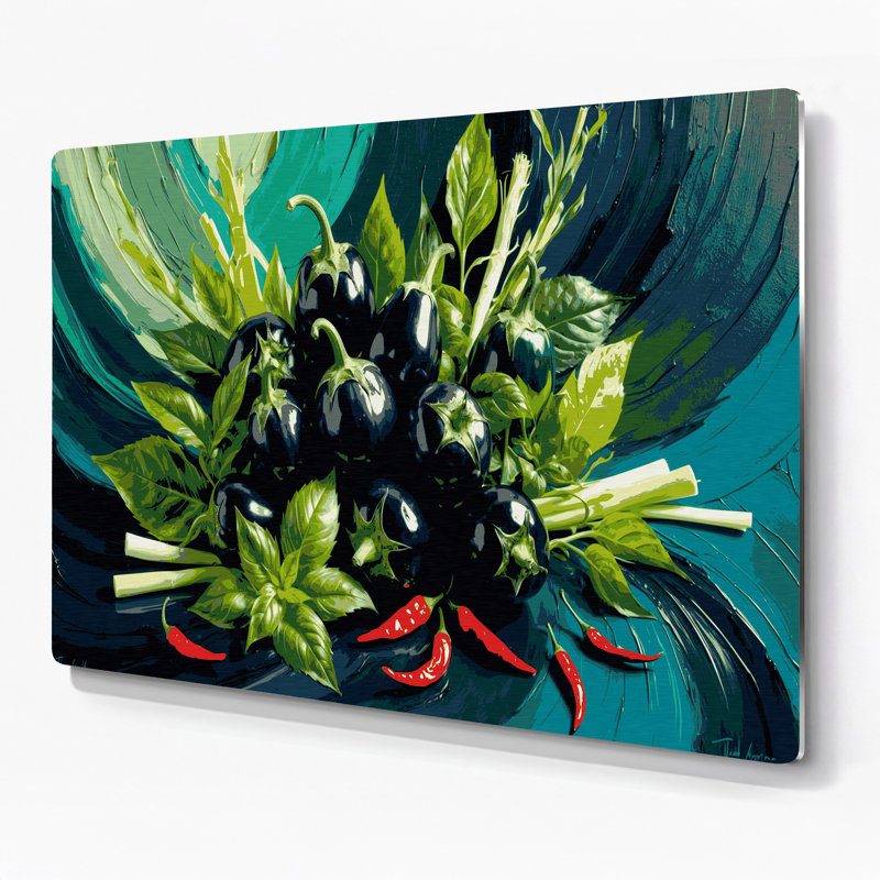 Art mural en métal gris légumes aubergine, H 24 po x l 36 po