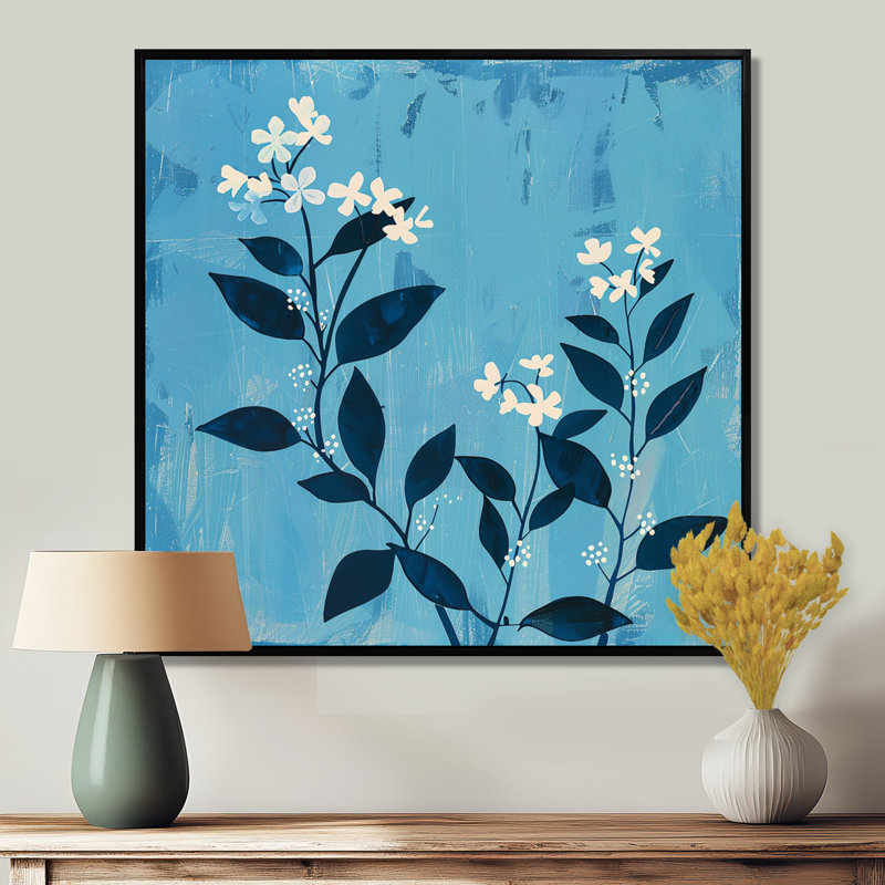 Bégonias blancs sur fond bleu rétro - art mural floral, Toile avec cadre flottant noir, H 16 po x l 16 po x P 1 po